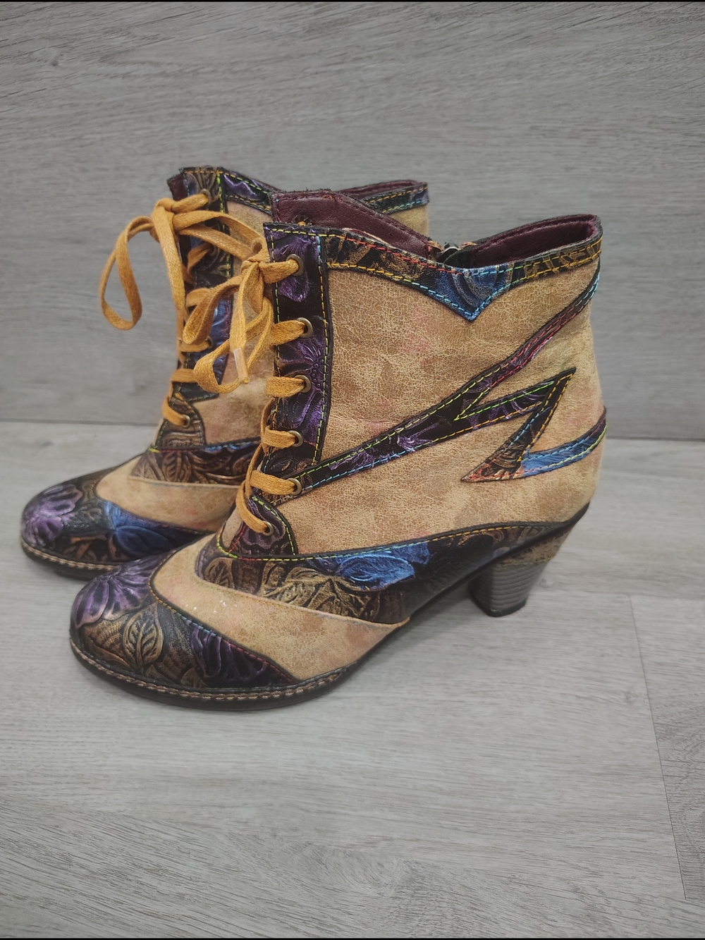 Women's Lace-Up Embossed Ankle Boots in Tan with Multicolor Accents